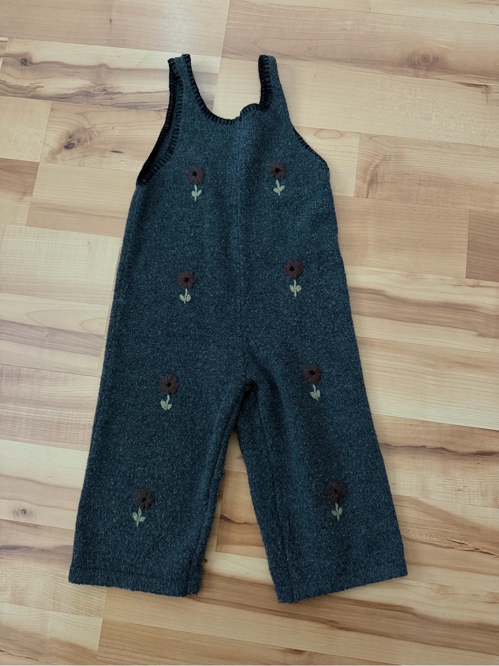 Zara Charcoal Gray Knit Floral-Embroidered Kids Overalls